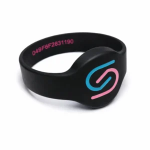 SoCashless NFC Wristband Black Colour with Turquoise and Pink logo